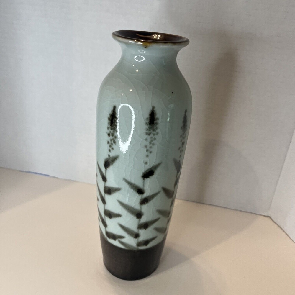 Tall Vase with bamboo design‎ greens and color
